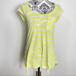 Prana Yellow Stripe Shark Bite Hem Tee With Pocket S